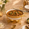 Brilliant Ceramic Round Food Warmer With Gold Stand And Glass Lid | White And Gold | 13 Inch