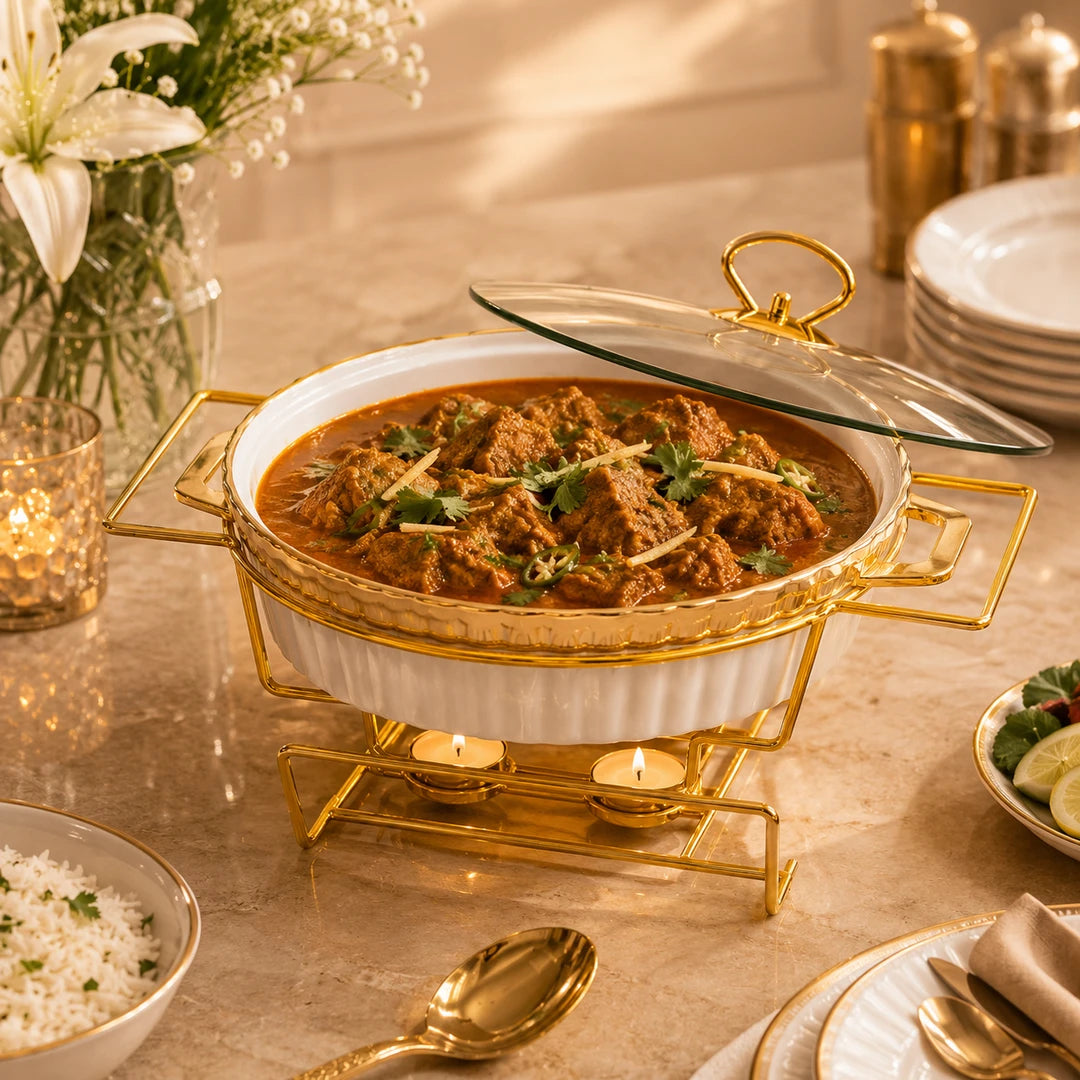 Brilliant Ceramic Round Food Warmer With Gold Stand And Glass Lid | White And Gold | 13 Inch