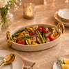 Brilliant Ceramic Oval Serving Dish With Golden Metal Handle | Beige And Gold | 12 Inch