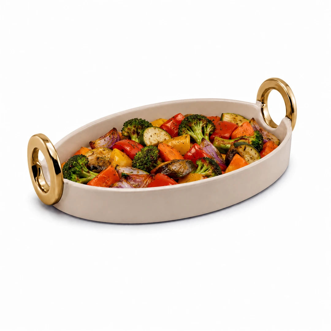 Brilliant Ceramic Oval Serving Dish With Golden Metal Handle | Beige And Gold | 12 Inch