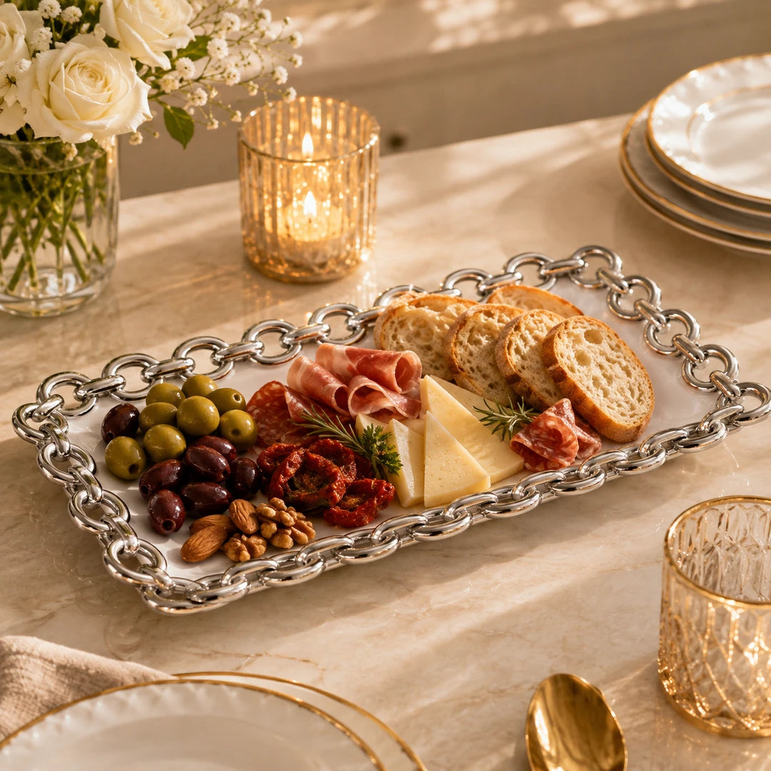 Brilliant Ceramic Rectangular Mirrored Serving Tray | White And Silver | 12x6 Inch