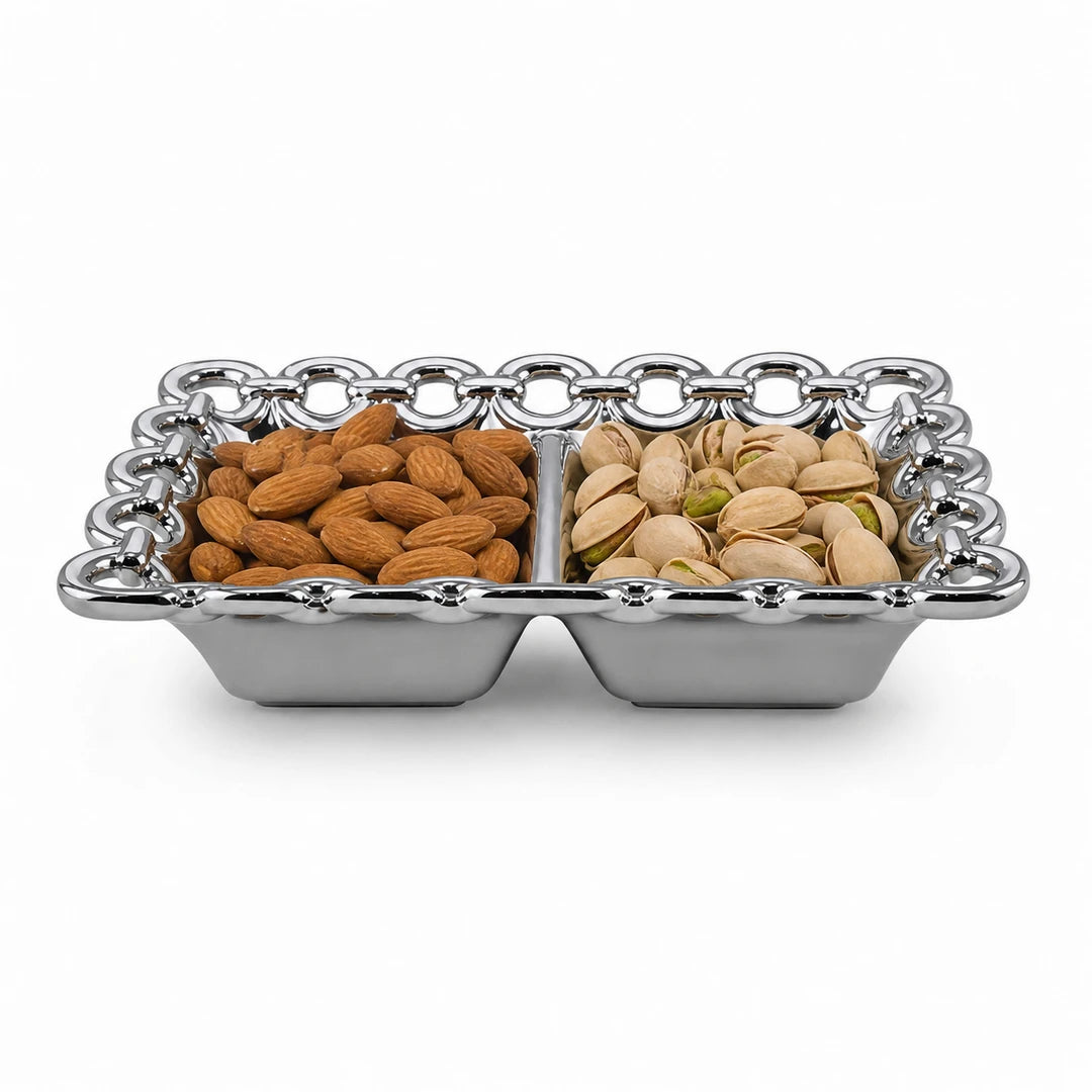 Brilliant Rectangular Ceramic Serving Tray | White And Silver | 2-Portion, 8.75 Inch