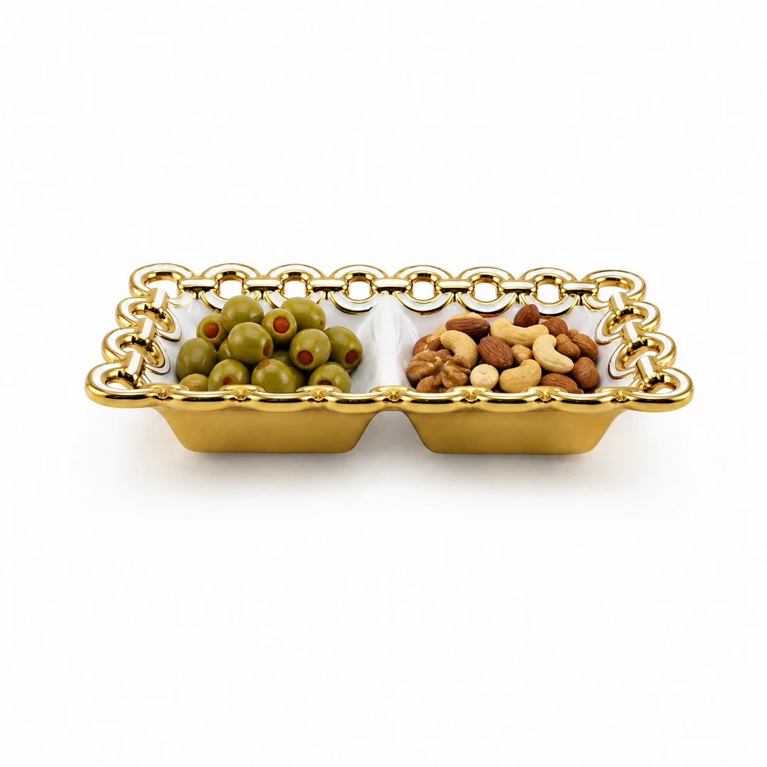 Brilliant Ceramic Rectangular Serving Tray | White And Gold | 2-Portion, 8.75 Inch