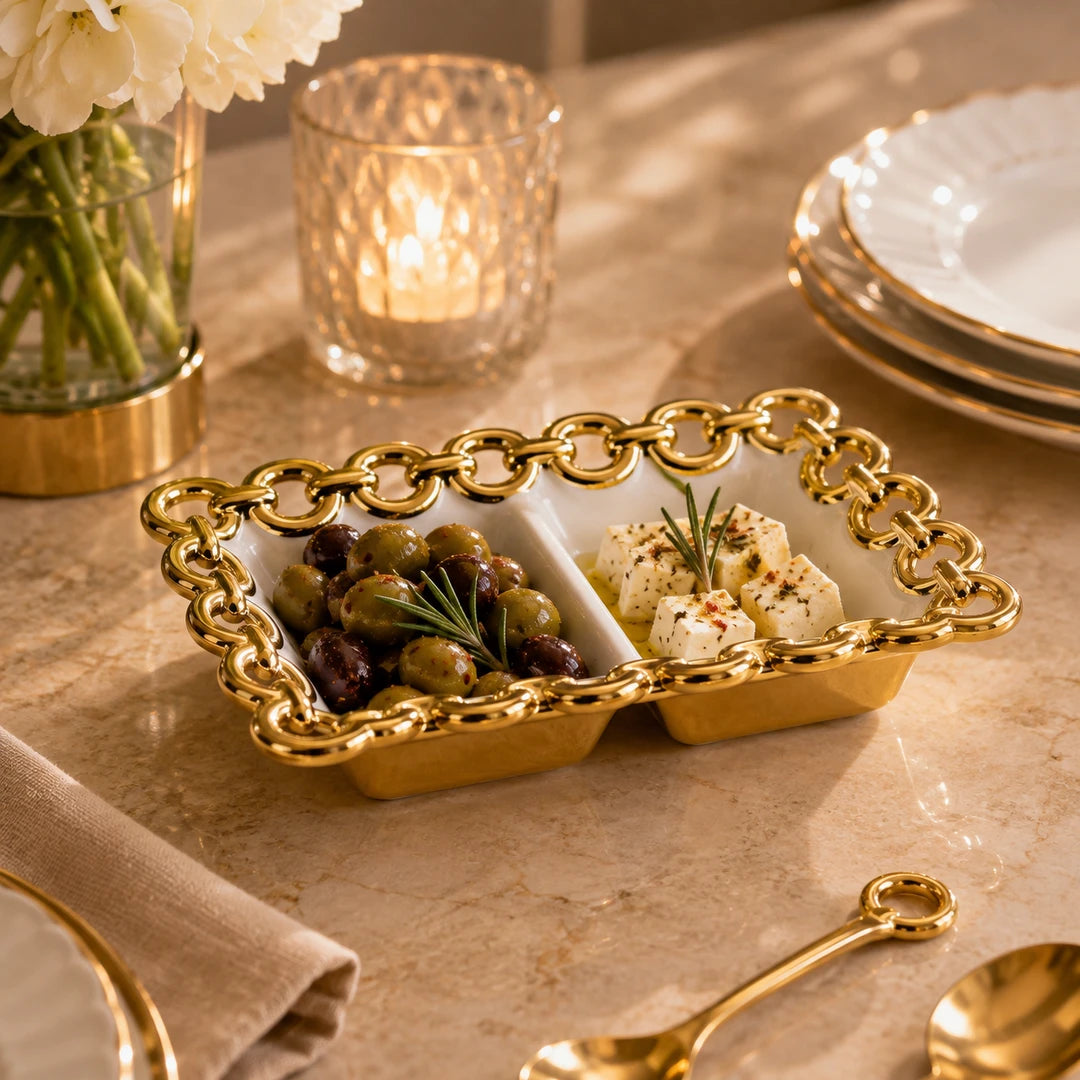 Brilliant Ceramic Rectangular Serving Tray | White And Gold | 2-Portion, 8.75 Inch