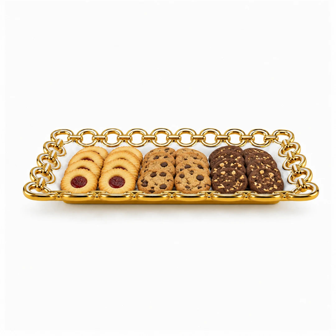 Brilliant Ceramic Rectangular Mirrored Serving Tray | White And Gold | 12 * 6 Inch