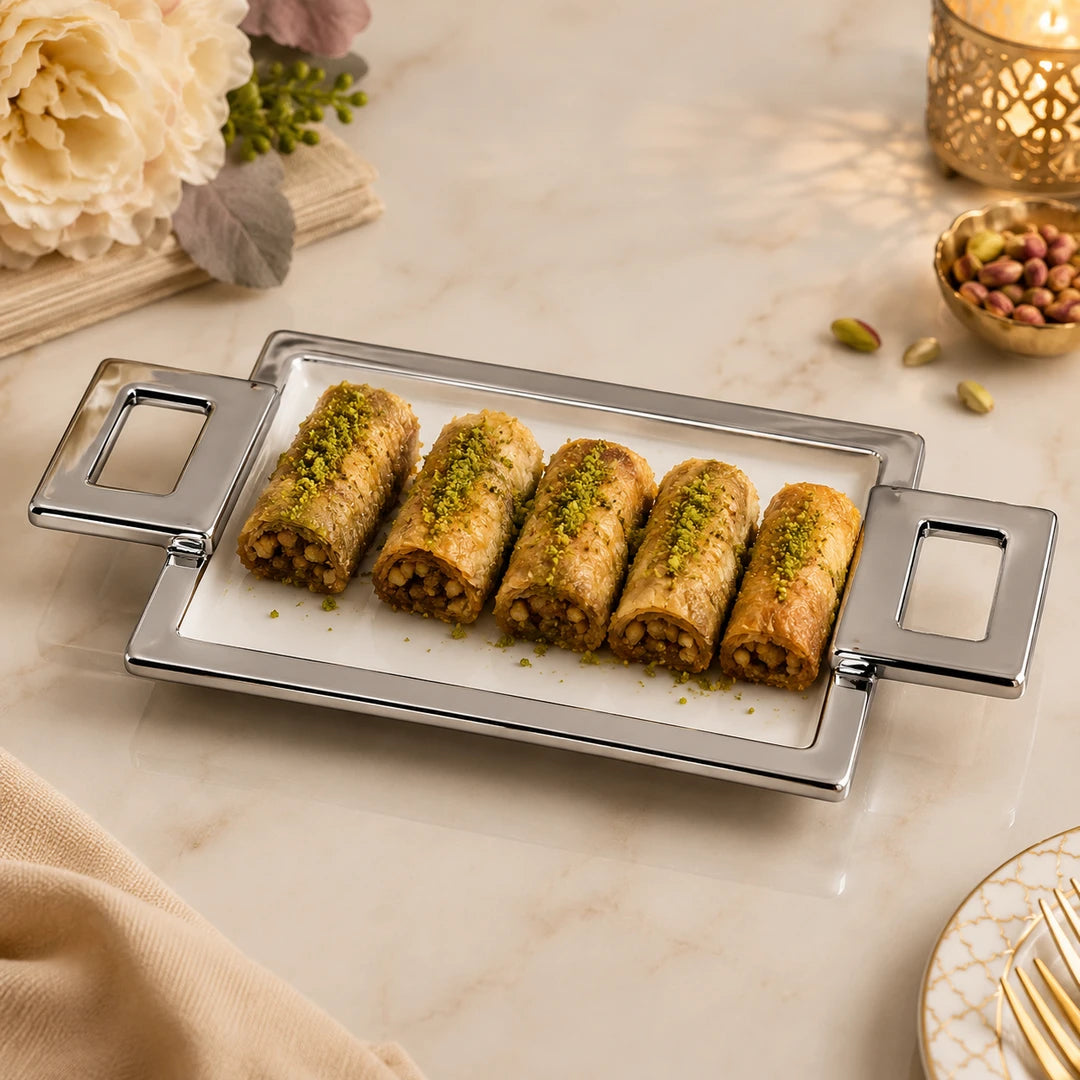 Brilliant Ceramic Rectangular Serving Tray With Silver Metal Handle | White And Silver | 8.75 Inch