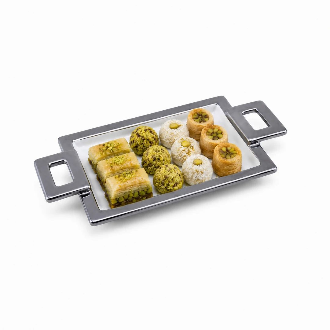 Brilliant Ceramic Rectangular Serving Tray With Silver Metal Handle | White And Silver | 8.75 Inch