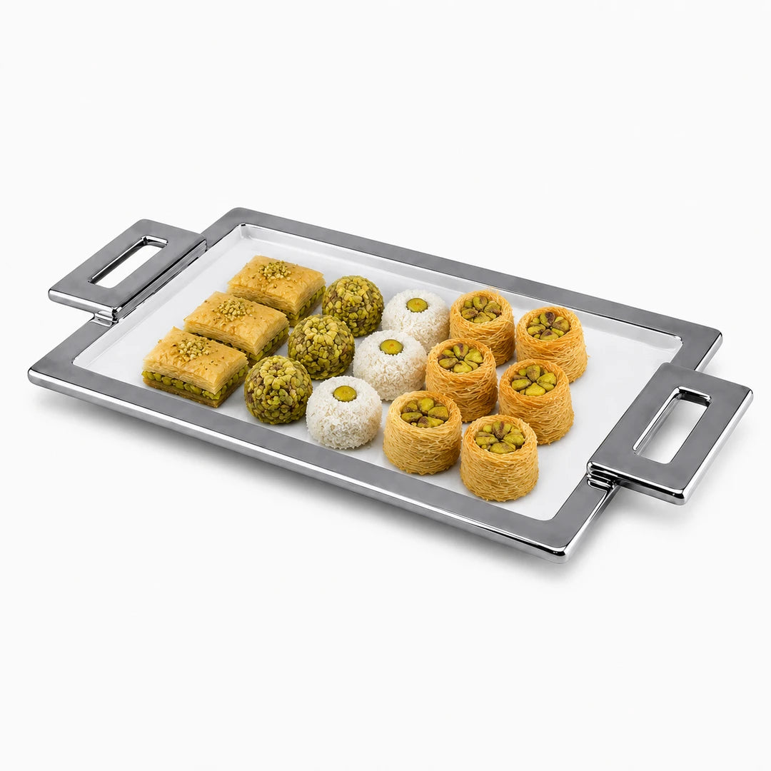 Brilliant Ceramic Rectangular Serving Tray With Silver Metal Handle | White And Silver | 15 Inch