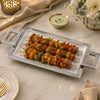 Brilliant Ceramic Rectangular Serving Tray With Silver Metal Handle | White And Silver | 15 Inch
