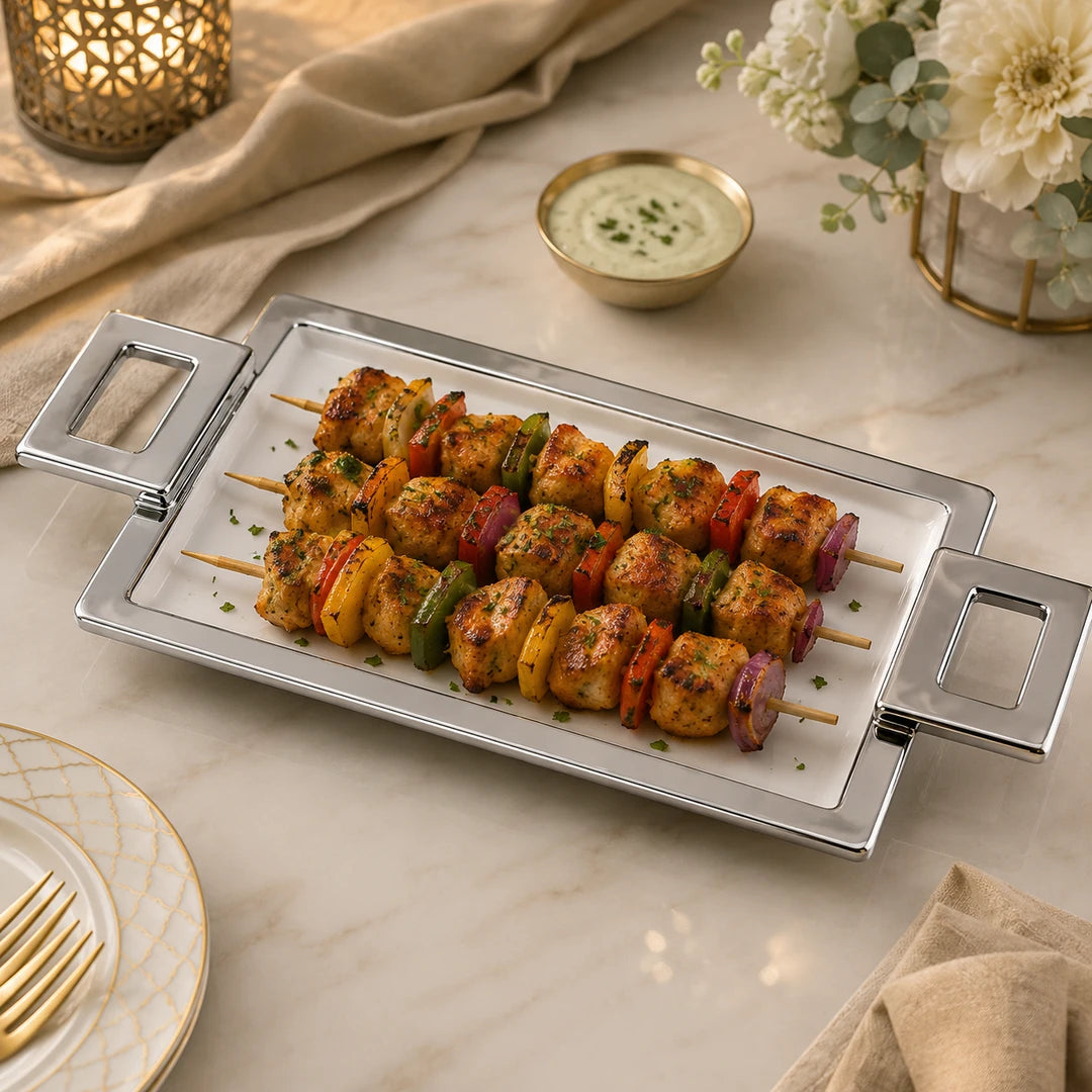 Brilliant Ceramic Rectangular Serving Tray With Silver Metal Handle | White And Silver | 15 Inch