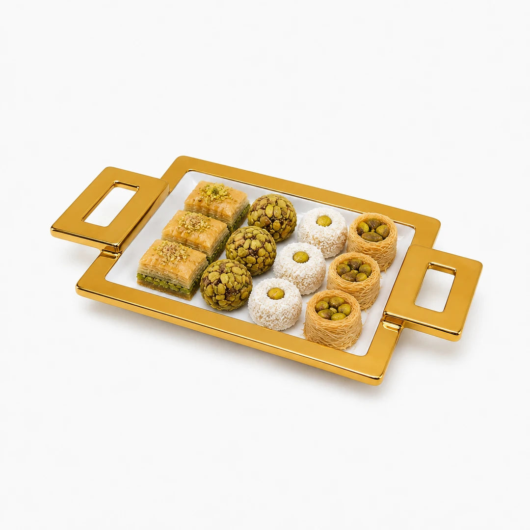 Brilliant Ceramic Rectangular Serving Tray With Gold Metal Stand | White And Gold | 8.75 Inch