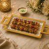 Brilliant Ceramic Rectangular Serving Tray With Gold Metal Handle | White And Gold | 15 Inch