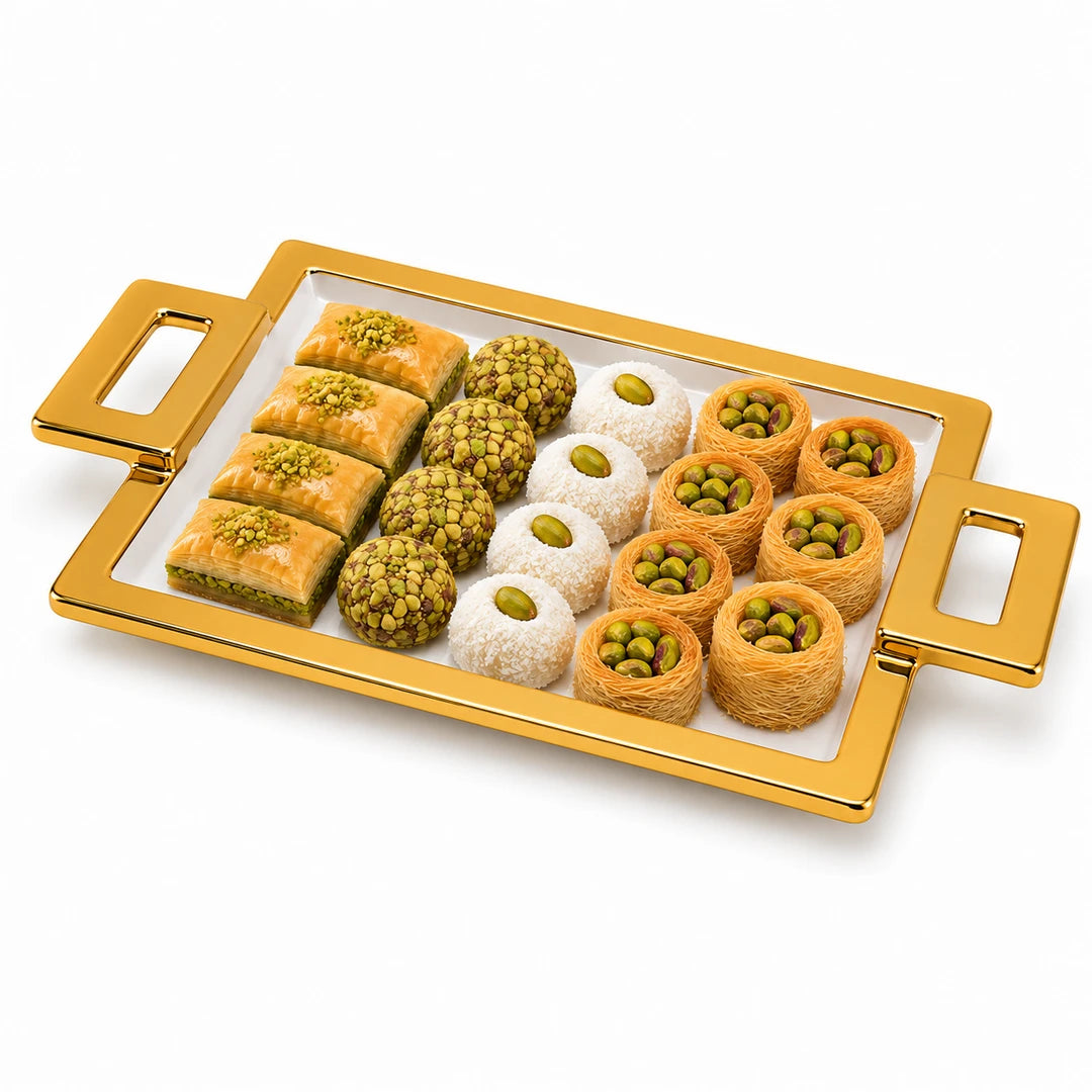 Brilliant Ceramic Rectangular Serving Tray With Gold Metal Handle | White And Gold | 15 Inch