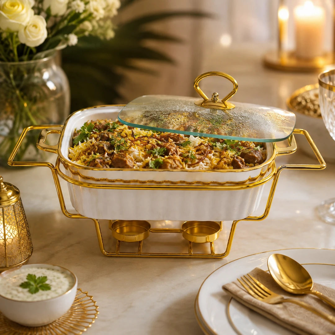 Brilliant Ceramic Rectangular Food Warmer | White And Gold | 11 Inch