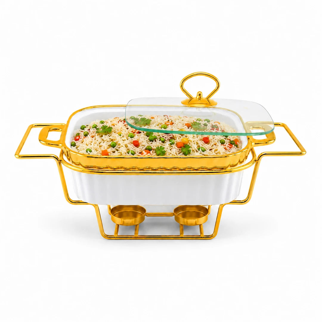 Brilliant Ceramic Rectangular Food Warmer | White And Gold | 11 Inch
