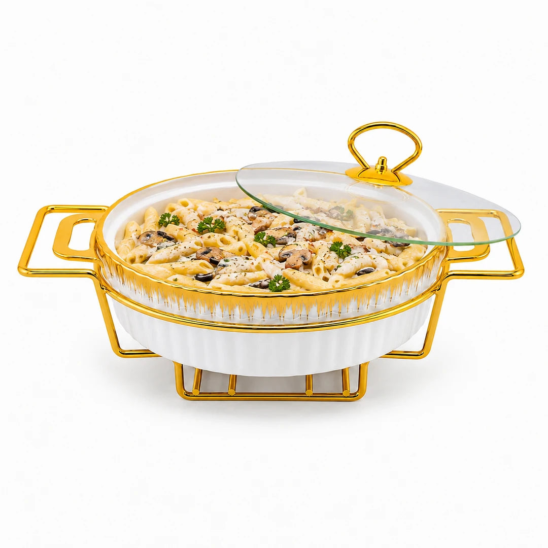 Brilliant Ceramic Oval Food Warmer | White And Gold | 11 Inch