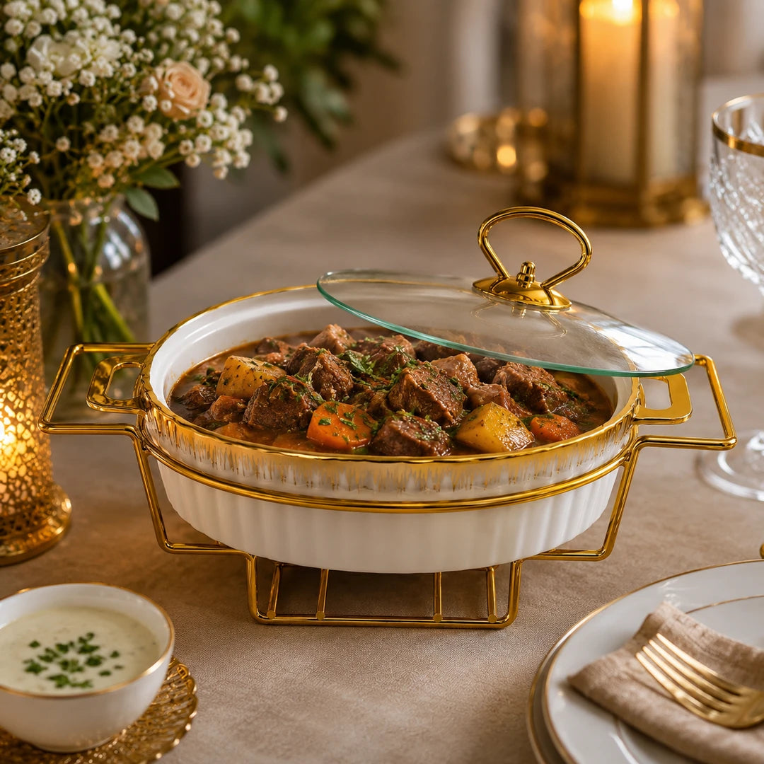 Brilliant Ceramic Oval Food Warmer | White And Gold | 11 Inch