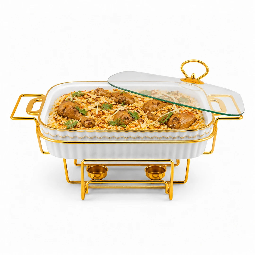 Brilliant Ceramic Rectangular Food Warmer | White And Gold | 15 Inch
