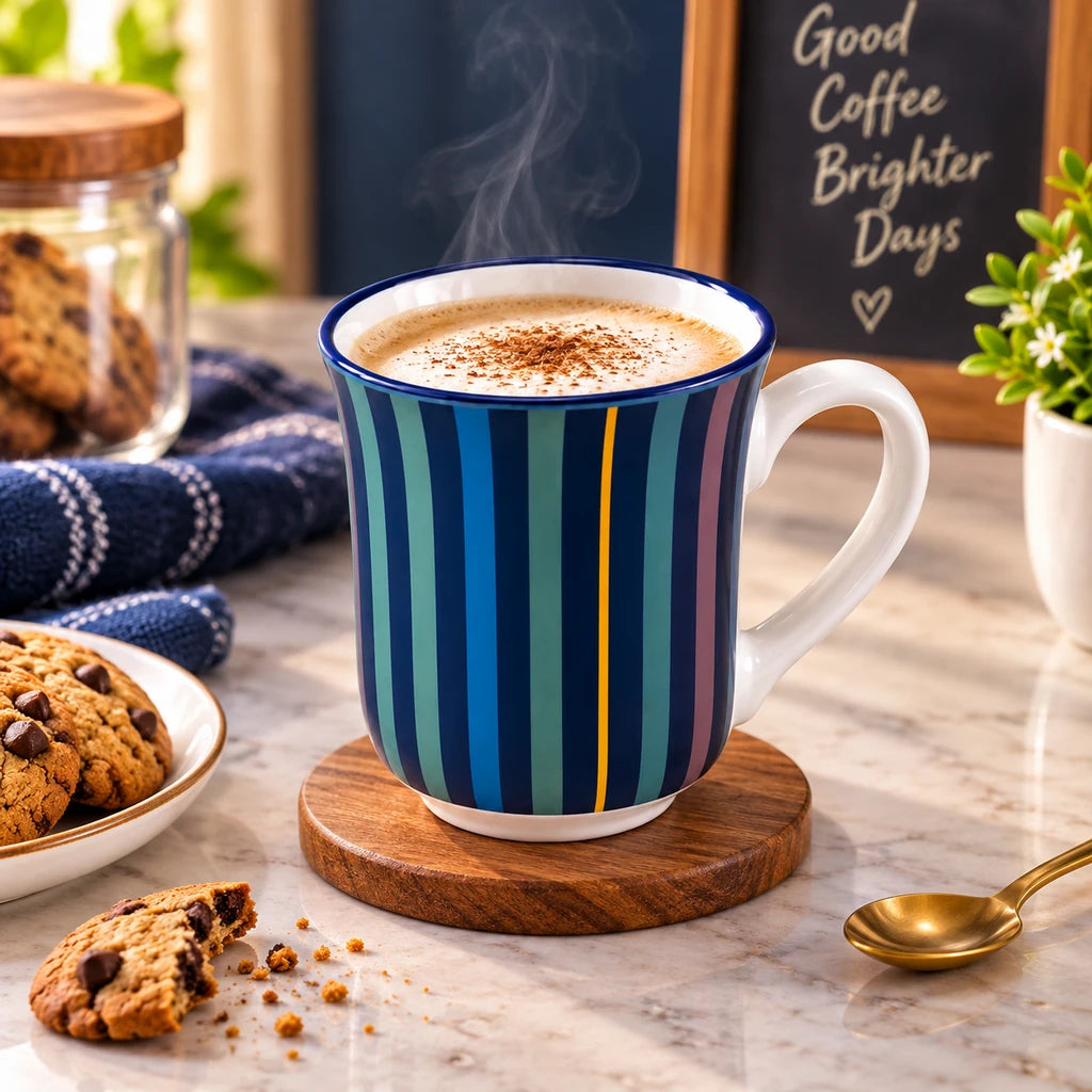 Heritage Porcelain Mug 250ml | Classic Shape | Vertical Stripe | Teal Green