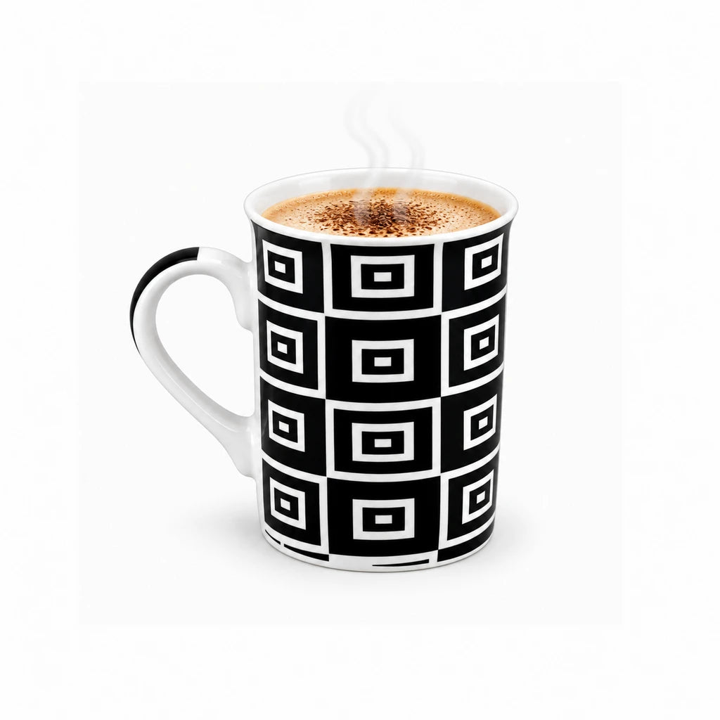 Heritage Porcelain Mug 350 ML | Black Geometric Collection | Black Grid