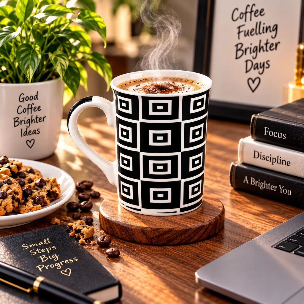 Heritage Porcelain Mug 350 ML | Black Geometric Collection | Black Grid