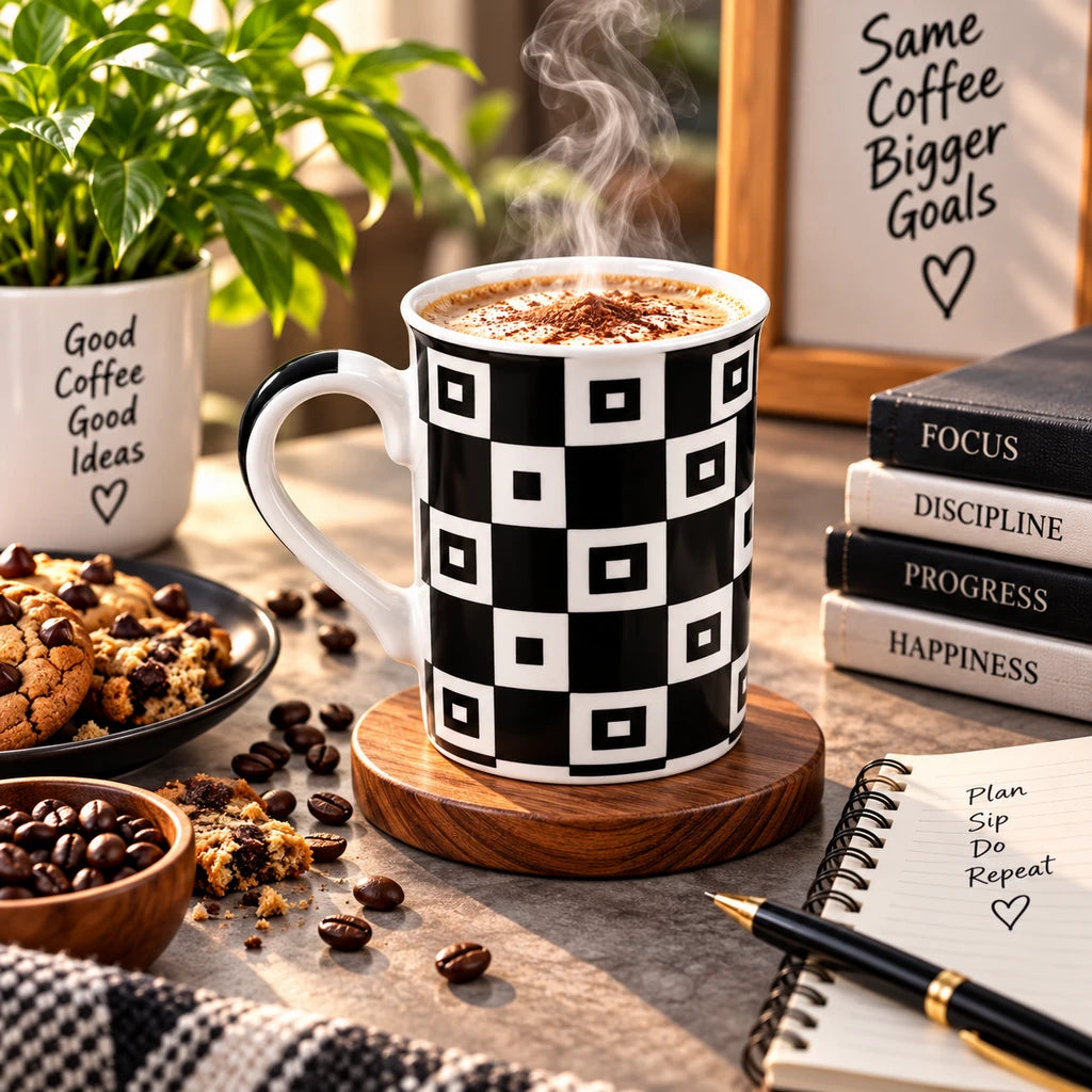 Heritage Porcelain Mug 350 ML | Black Geometric Collection | Black Checkered