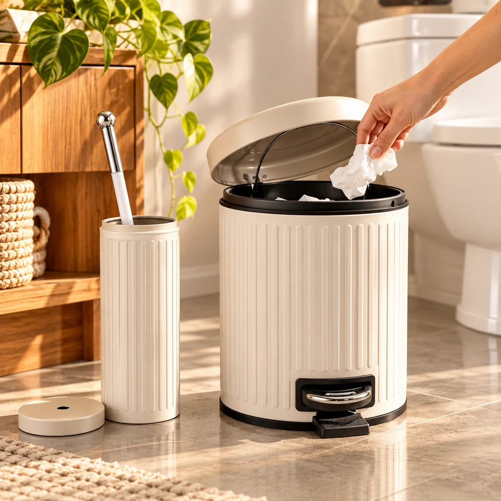 Danny Home 5-Litre Pedal-Push Dustbin With Toilet Brush - Beige