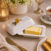 Angela Ceramic Rectangular Serving Pot With Lid | Gold Strawberry Design | 8.5 x 5.5 Inch