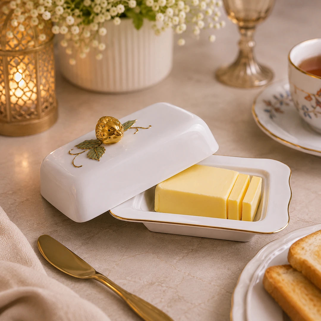 Angela Ceramic Rectangular Serving Pot With Lid | Gold Strawberry Design | 8.5 x 5.5 Inch