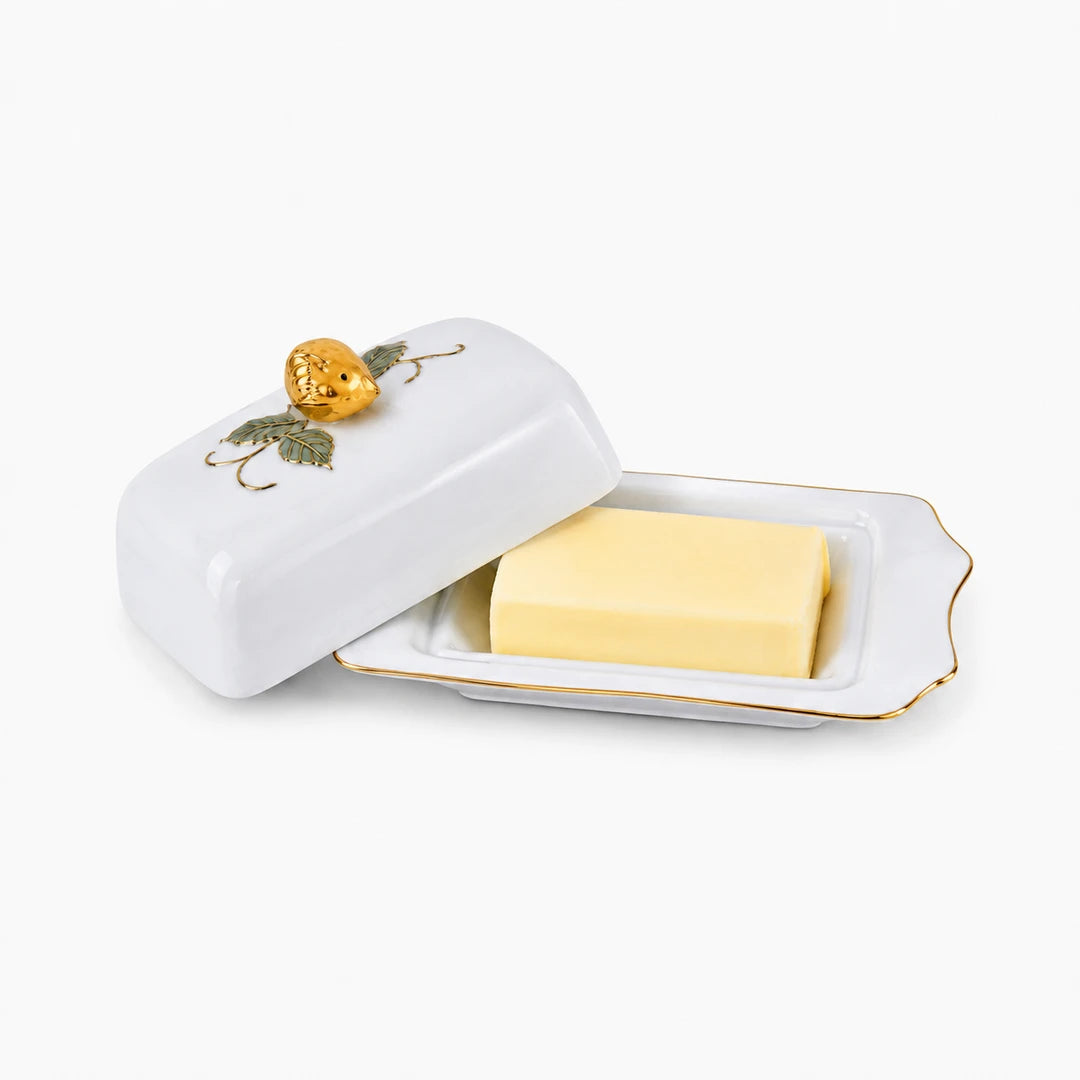 Angela Ceramic Rectangular Serving Pot With Lid | Gold Strawberry Design | 8.5 x 5.5 Inch