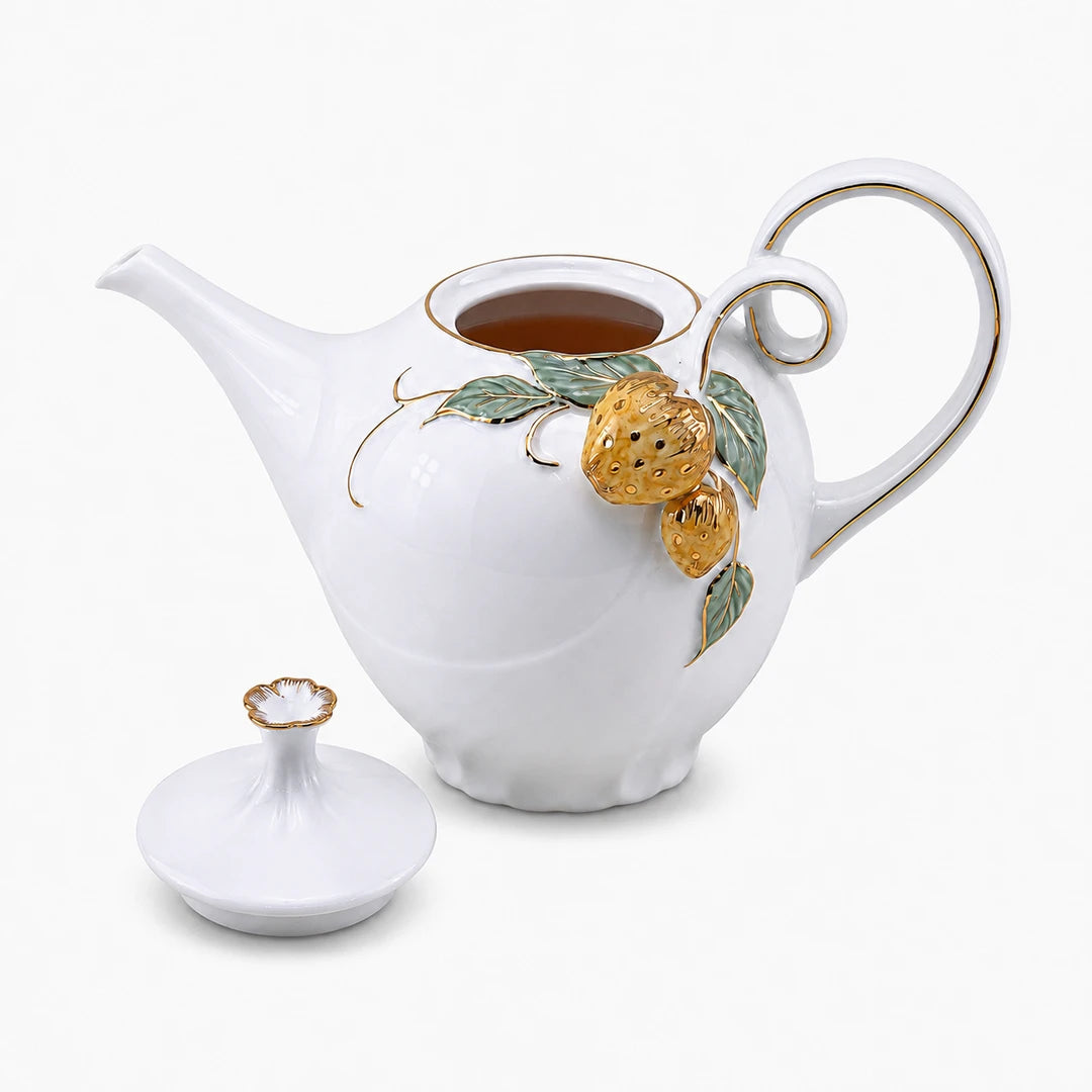 Angela Ceramic Tea Pot | White & Gold Strawberry Design | 1.2 Litre