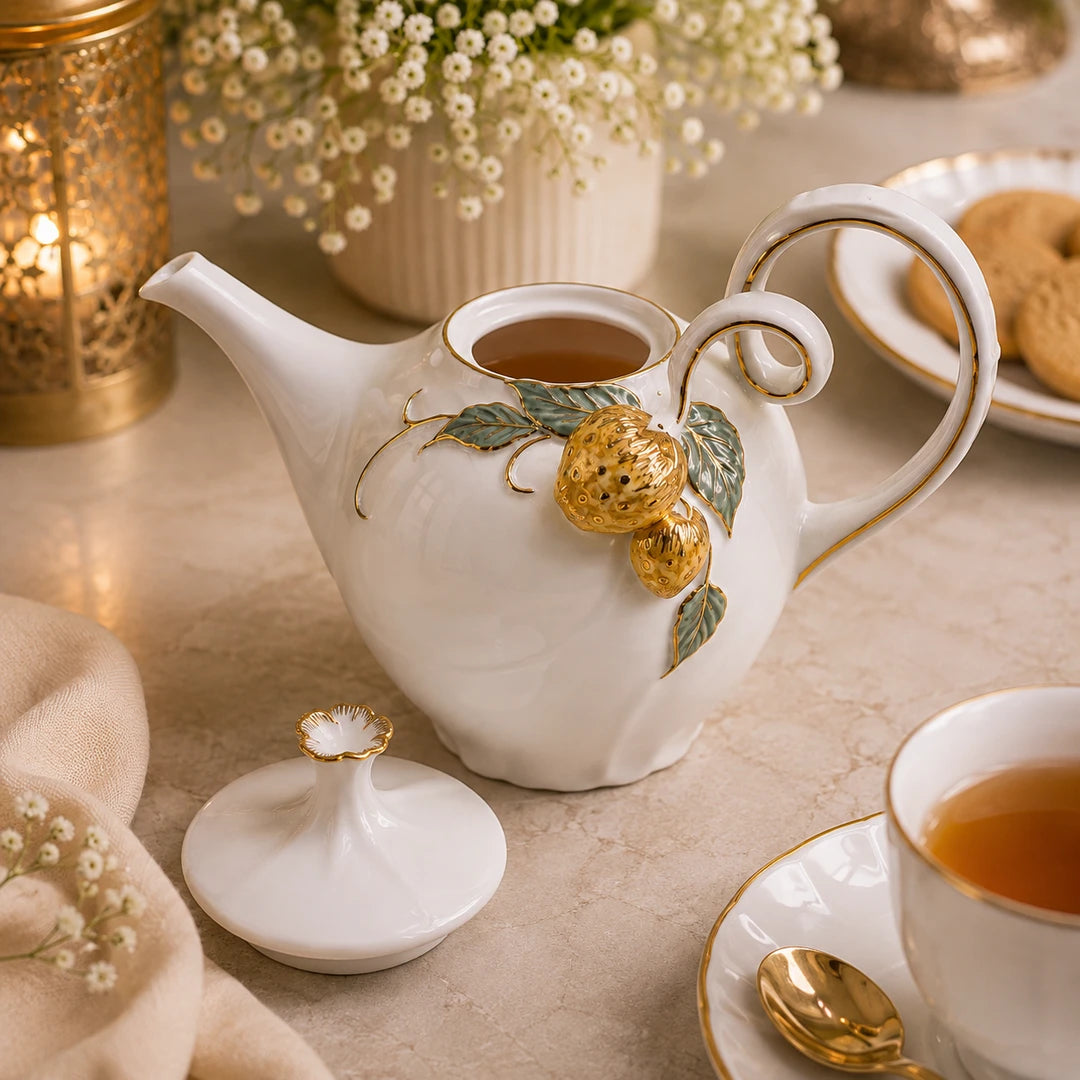 Angela Ceramic Tea Pot | White & Gold Strawberry Design | 1.2 Litre