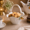 Angela Ceramic Serving Basket | White & Gold Strawberry Design | 8.5 x 4.5 Inch