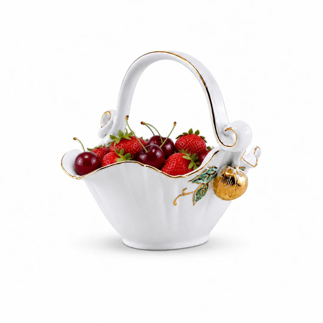 Angela Ceramic Serving Basket | White & Gold Strawberry Design | 8.5 x 4.5 Inch