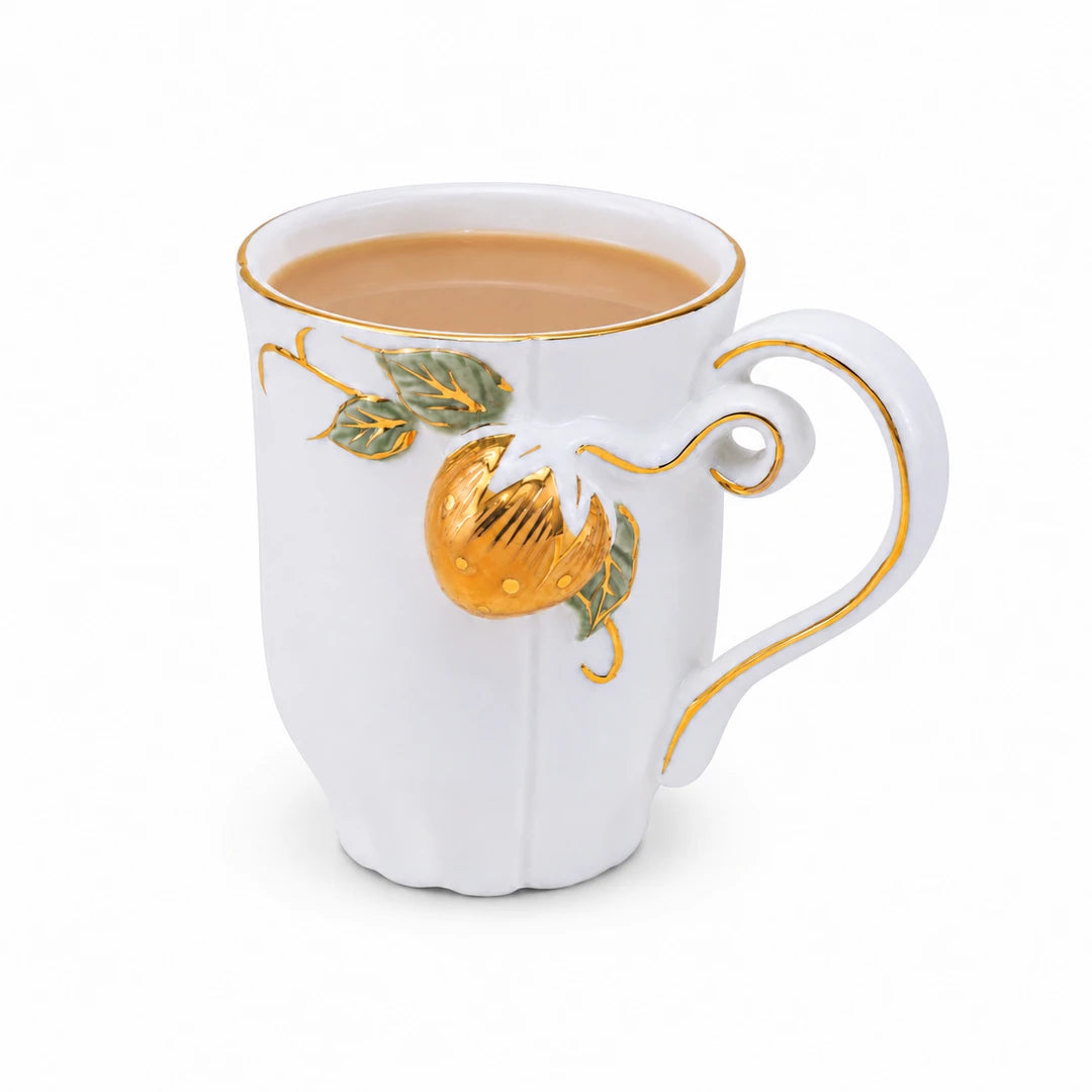Angela Ceramic Twin Mug Set With Gift Box | White & Gold Strawberry Design | 300 ML