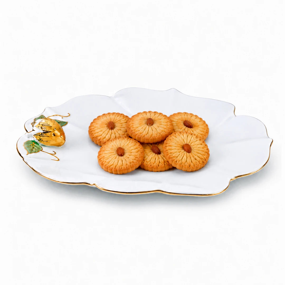 Angela Ceramic Flat Plate | White & Gold Strawberry Design | 10 Inch