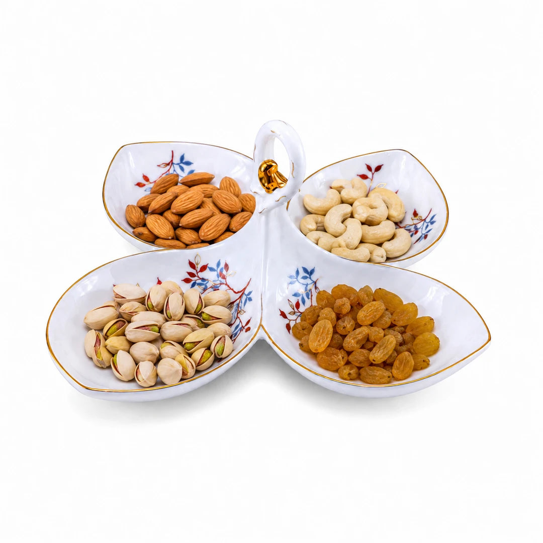 Angela Ceramic Serving Dish With Handle | White And Gold Bird Design | 4-Portion