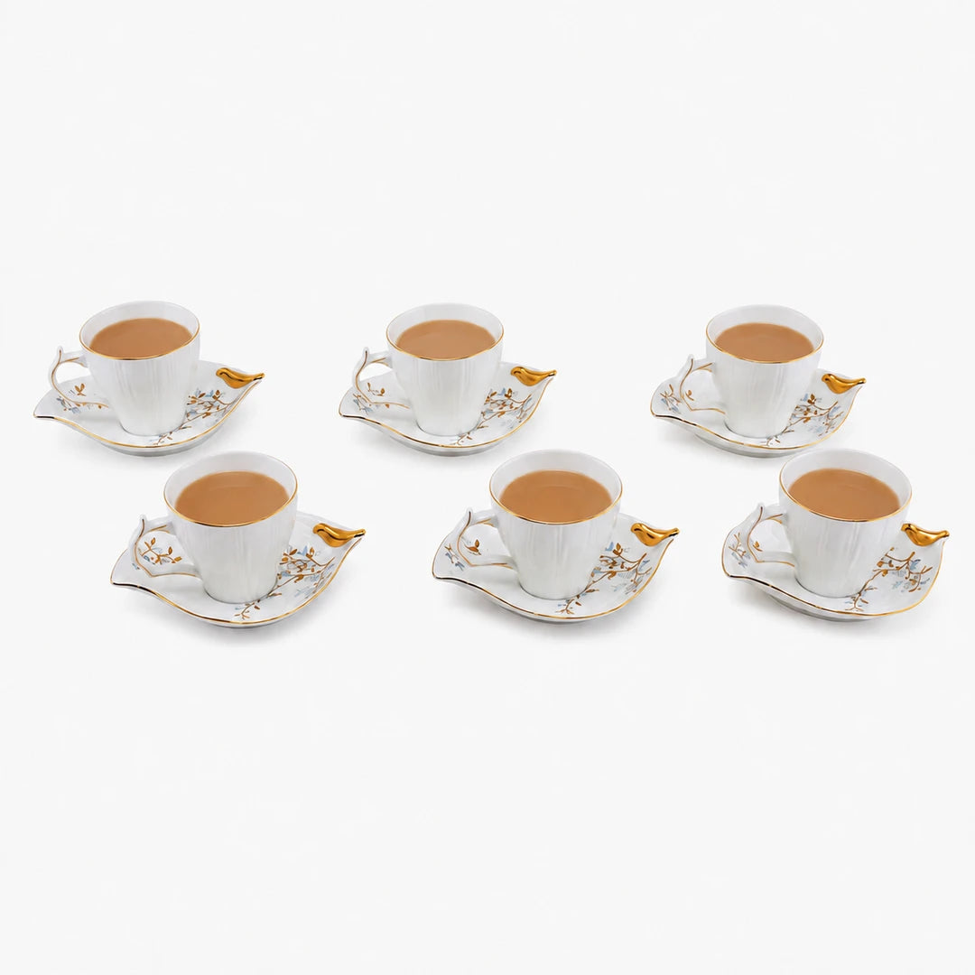 Angela 6-Piece Cup And Saucer Set | White & Gold | 150 ML