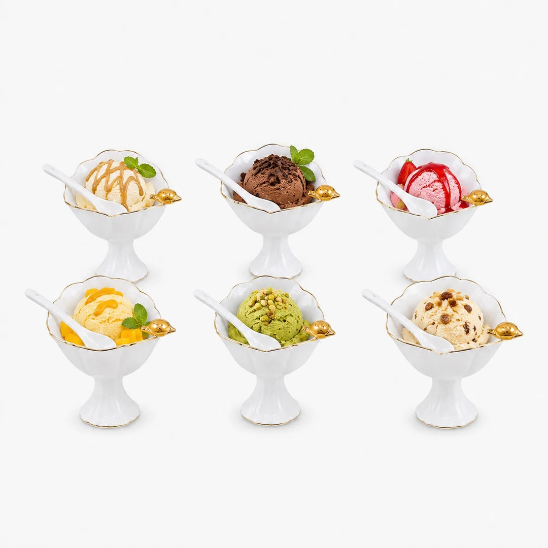 Angela Ceramic 6-Piece Dessert Cup And Spoon Set | White & Gold Bird Design | 300 mL