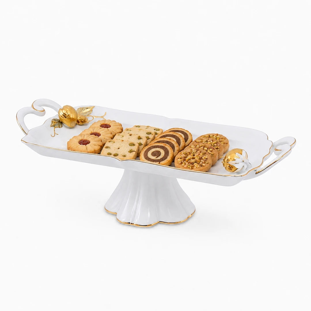 Angela Ceramic Rectangular Serving Dish | White & Gold Strawberry Design | 14 Inch