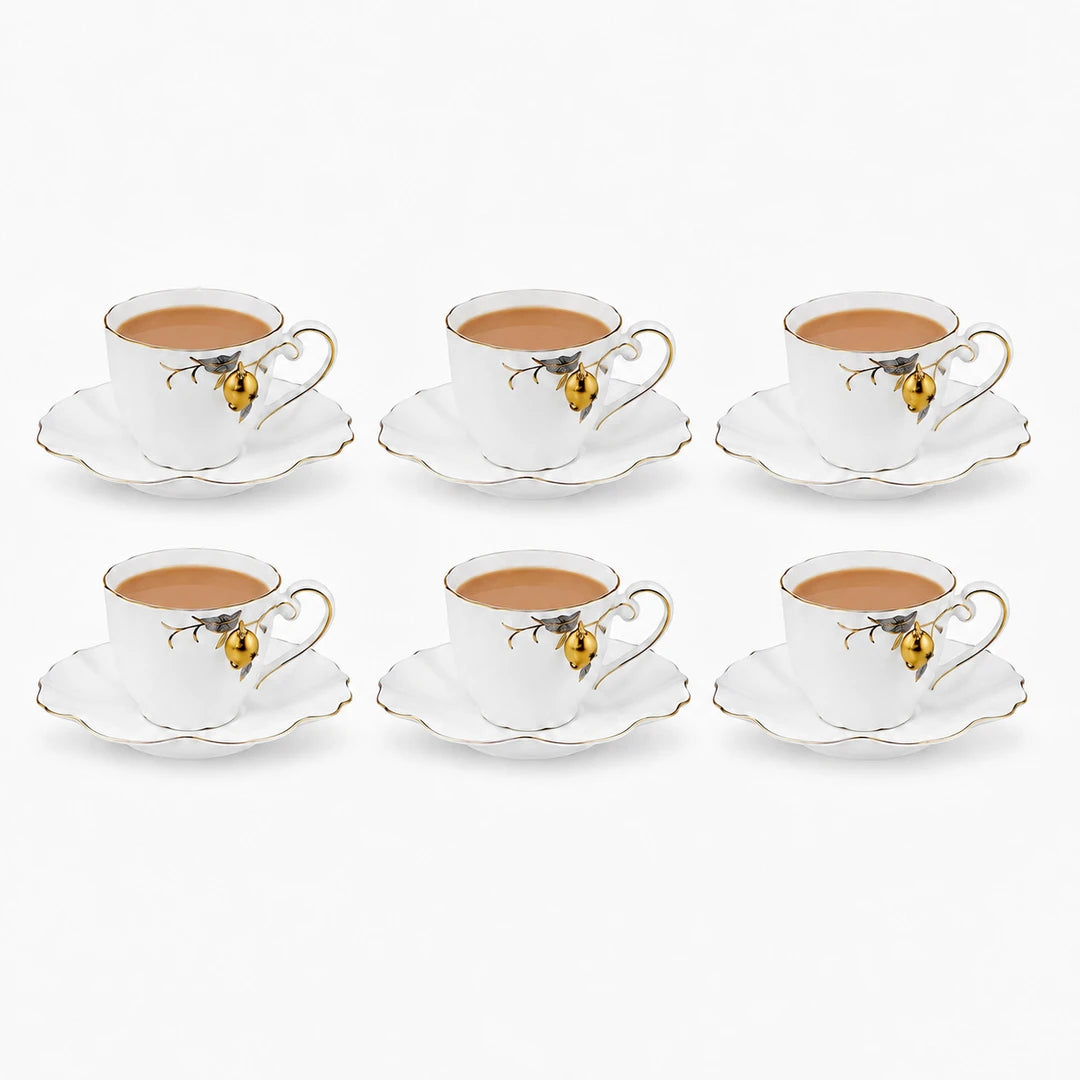 Angela 6-Piece Ceramic Cup And Saucer Set | White & Gold Strawberry Design | 150 mL