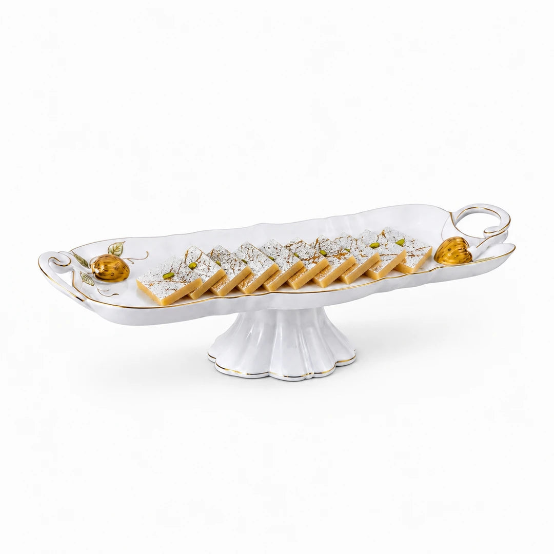 Angela Ceramic Rectangular Serving Dish | White & Gold Strawberry Design | 16.5 Inch