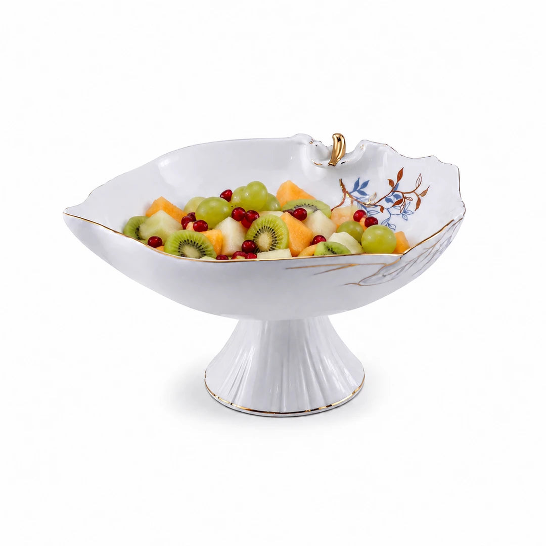 Angela Ceramic Oval Serving Bowl | White & Gold Bird Design | 12 Inch