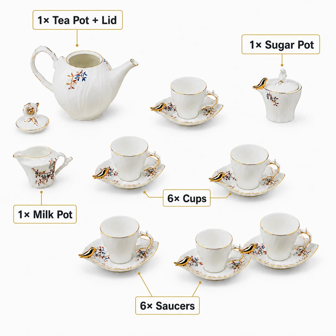 Angela Ceramic Tea Set | White & Gold Bird Design | 15-Piece