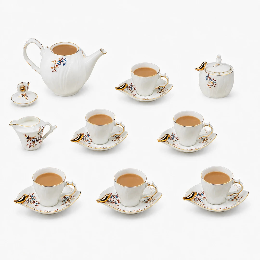 Angela Ceramic Tea Set | White & Gold Bird Design | 15-Piece