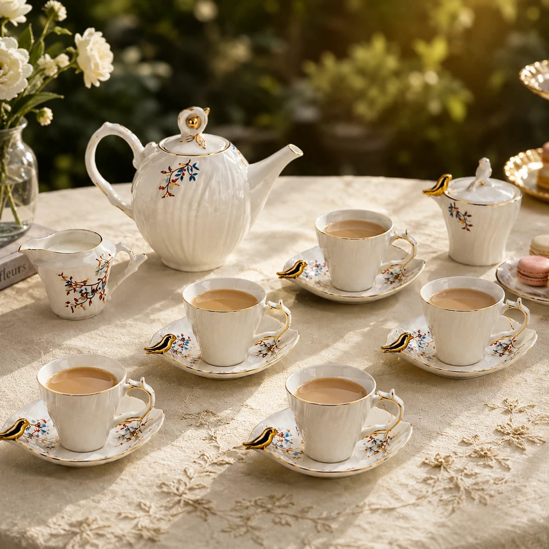 Angela Ceramic Tea Set | White & Gold Bird Design | 15-Piece