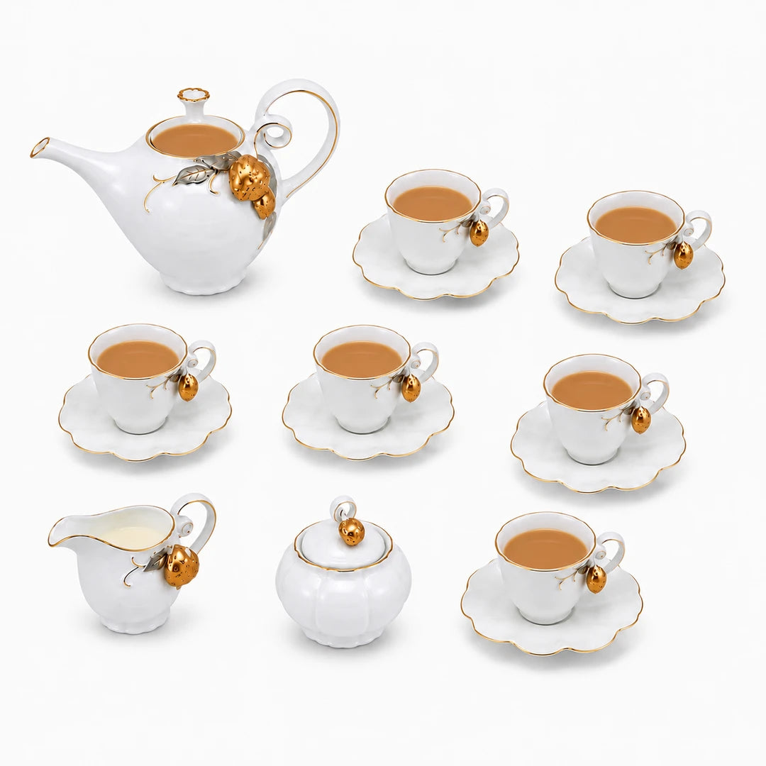Angela Ceramic Tea Set | White & Gold Strawberry Design | 15-Piece