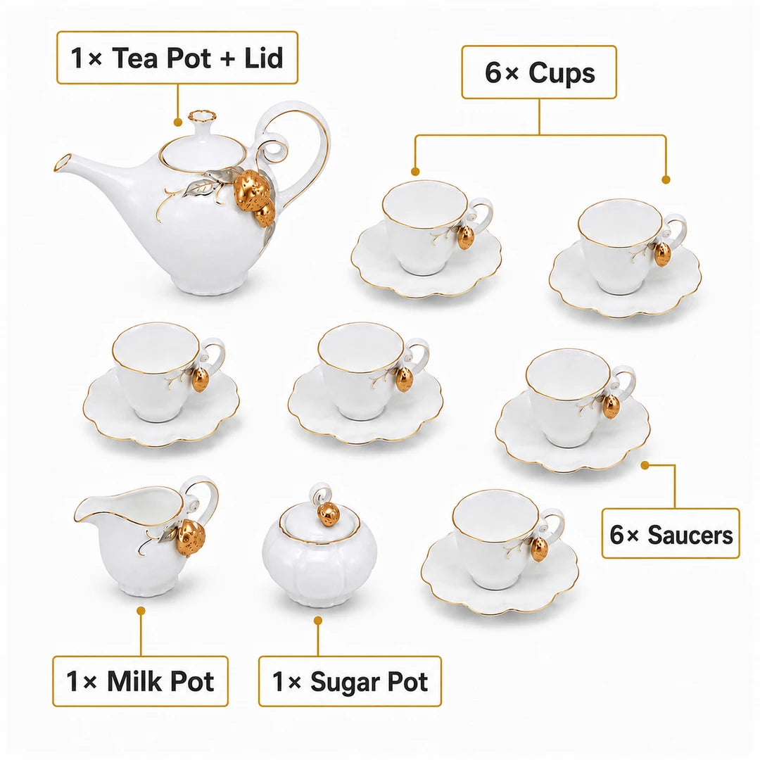 Angela Ceramic Tea Set | White & Gold Strawberry Design | 15-Piece