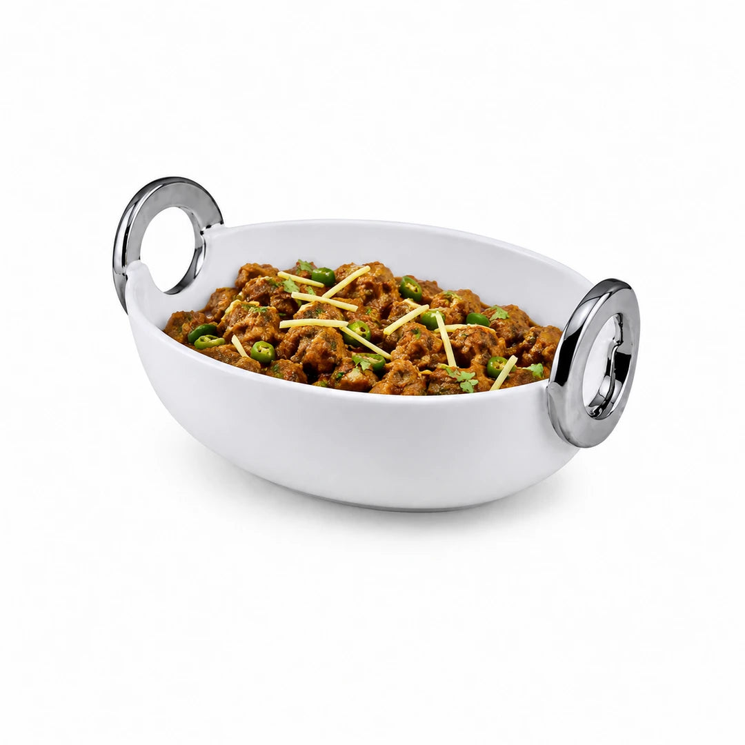 Brilliant Ceramic Oval Serving Dish With Silver Metal Handle | White And Silver | 10 Inch