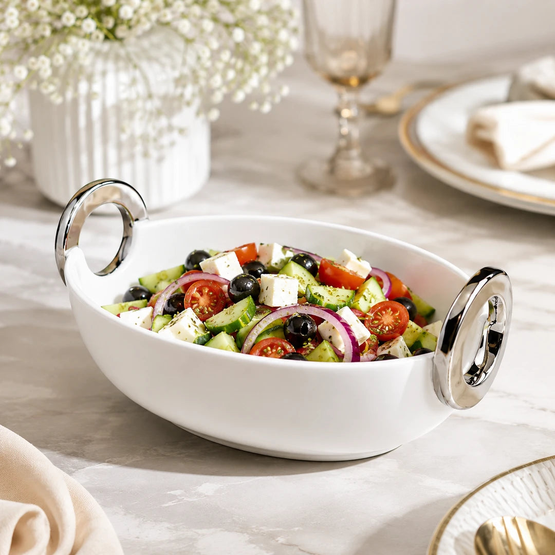 Brilliant Ceramic Oval Serving Dish With Silver Metal Handle | White And Silver | 10 Inch